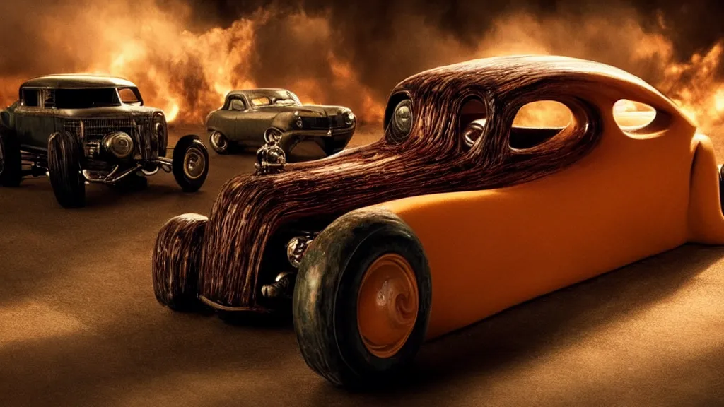 Image similar to the creature drives a hot rod, made of wax and water, film still from the movie directed by Denis Villeneuve with art direction by Salvador Dalí, wide lens