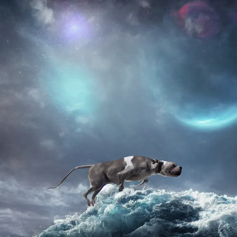 Image similar to photo of a gray coat pit bull with white paws, surfing on a surfboard in a crashing wave of alien ocean in space, background is an alien galaxy, aliens in the background, alien colors, octane render, unreal engine, wide view, 8 k, high detaild