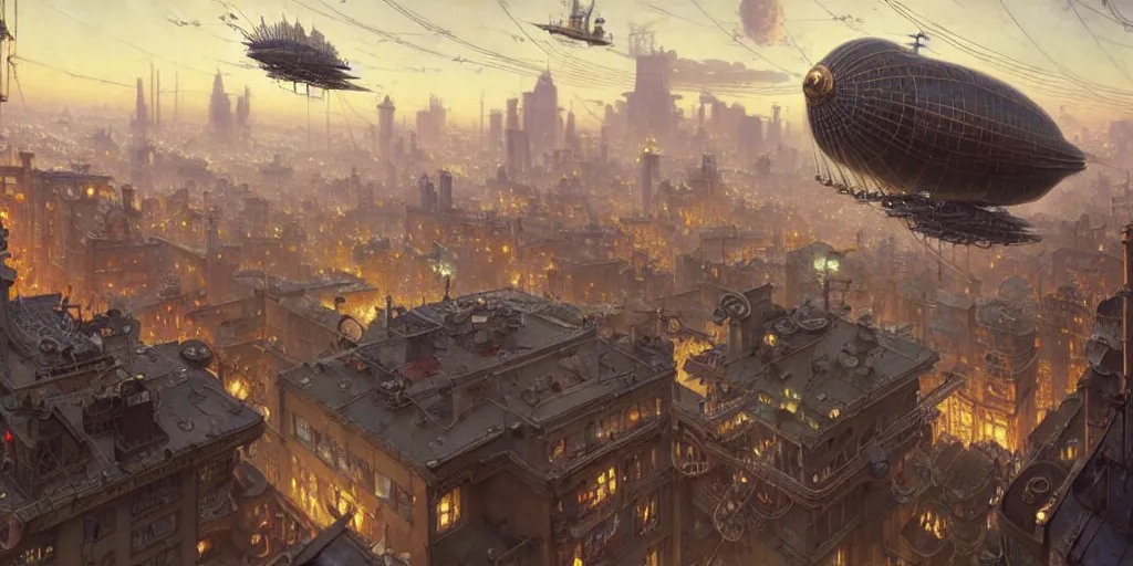 Image similar to steampunk airship above a busy city, exquisite details, denoised, mid view, by norman rockwell, karl kopinski, artsation, greg rutkowski, makoto shinkai, takashi takeuchi, studio ghibli