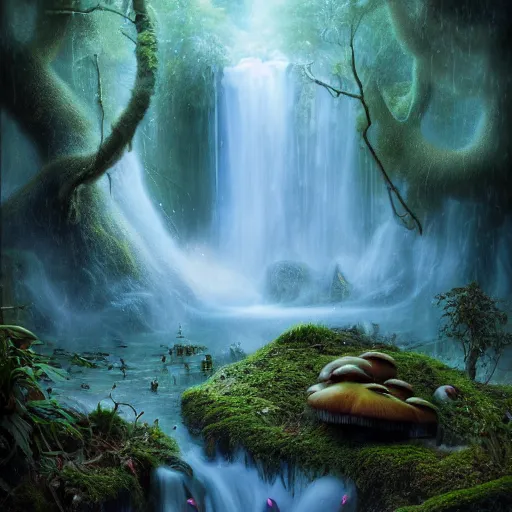 Image similar to tom bagshaw, soft painting render curiosities carnival pond river vegetation rocks gigantic mushrooms covered moss scintillating bioluminescent wisps, beautiful stunning waterfall wildlife, accurate features, focus, very intricate ultrafine details, random volumetric lighting, fog, award winning masterpiece, octane render 8 k hd, artstation