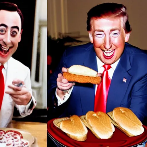 Image similar to Peewee Herman and Donald Trump eating a sandwich, smiling huge