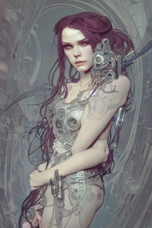 Prompt: Portrait of beautiful pale cyberpunk gothic maiden, master drawing, intricate, elegant, highly detailed, digital painting, artstation, concept art, smooth, sharp focus, illustration, art alphonse mucha and james gurney and craig mullins and wlop