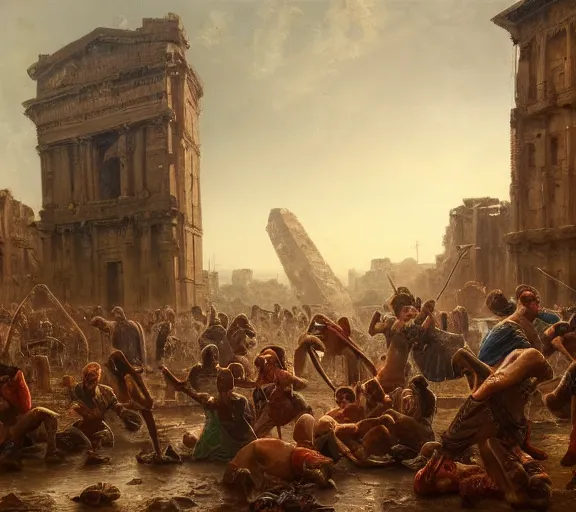 Image similar to an epic matte painting of podcasters, podcasters and YouTube streamers and TikTok stars fighting in the streets of an ancient during the bronze age collapse, soft lighting, very coherent, oil on canvas in the style of John grimshaw,