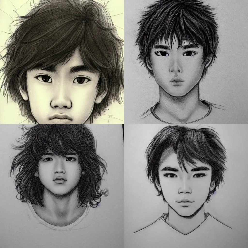 Prompt: cute handsome teenage, half-asian boy with wavy hair, symmetrical face, beautiful eyes, medium close-up, 80s, pencil sketch