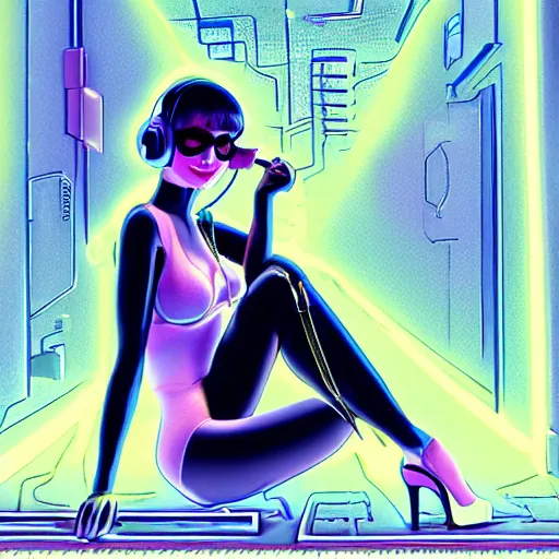 Prompt: beautiful cybergirl with the headset in the metallic costume sitting on the floor near a white cat in the neon room, blade runner movie, digital art, highly detailed