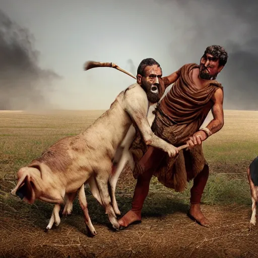 Image similar to photographic portrait of angered Mediterranean skinned man in ancient Canaanite farmer clothing fighting a Mediterranean skinned shepherd in ancient Canaanite shepherd clothing, farm field background, sharp detail, hyper realistic, foggy atmosphere, intense facial expression, octane render