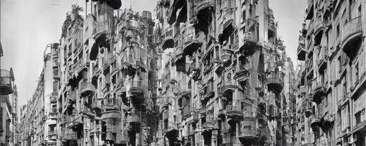 Prompt: barcelona in 1 9 1 8, street view, looking up, retrofuturism, steampunk, gothic quarter, modernist buildings, art deco, footbridges between houses, steam pipes, hyper detailed,