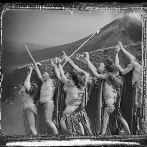 Prompt: tintype of Metallica playing at the eruption of vesuvius in pompeii