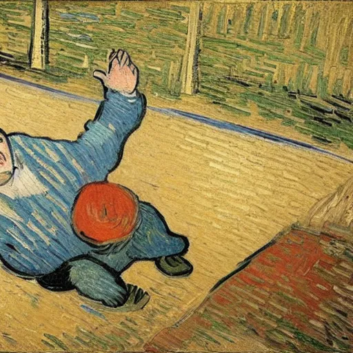 Prompt: obese man falls over, ( ( ( ( ( ( ( ( painted by van gogh ) ) ) ) ) ) ) )