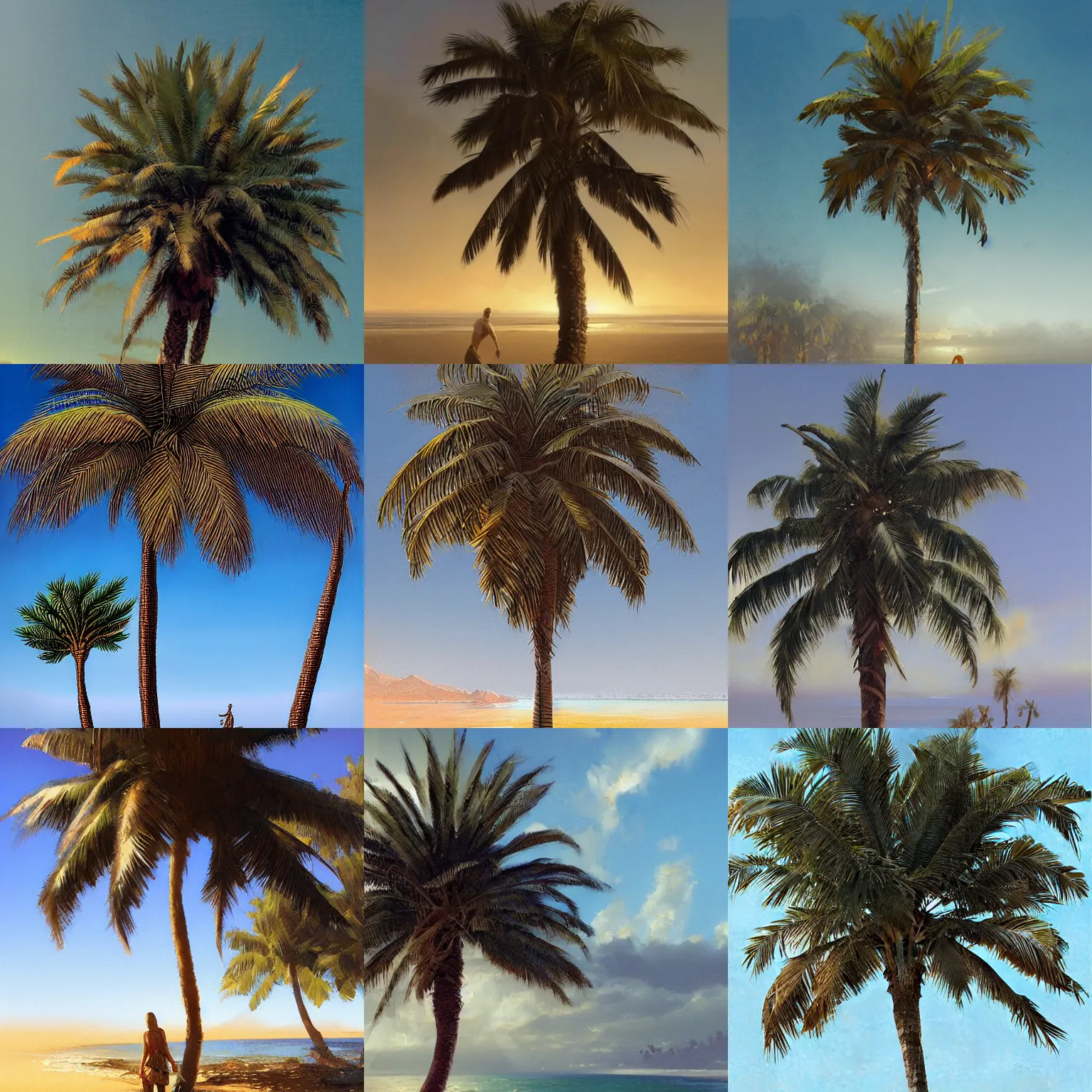 Prompt: palm tree by greg rutkowski and james gurney.