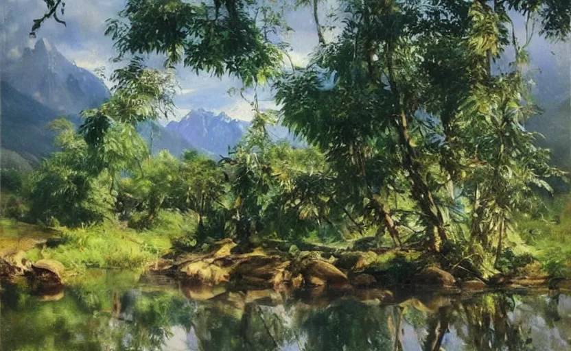 Image similar to oil painting lanscape by anders zorn, jungle nature, fruit trees, very very very very beautiful art, dramatic light, water reflections, tall rocky mountains