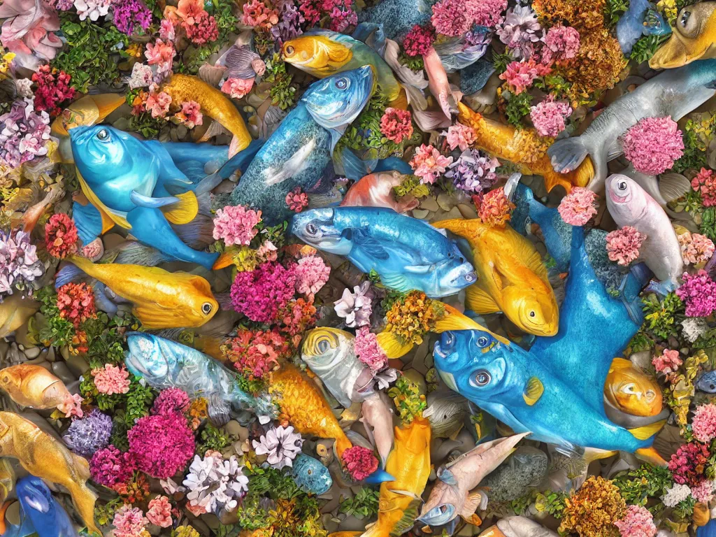 Image similar to a sculpture of fish ocean intertwined, a lovely cornucopia of flowers and human body parts, body parts, highly detailed, octane render, cinematic, shock, sharp focus, ball