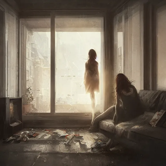 Image similar to window, woman, buildings, surprise, scared, couch by wlop, artgerm, greg rutkowski, evocative, highly detailed