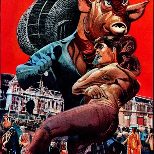 Prompt: uhd photorealistic picture, movie poster by bob peak and bill gold and ai hirschfeld about pig man save city, fine details, highly detailed, intricate, fine facial proportionate, fine body proportionate, smooth sharp focus