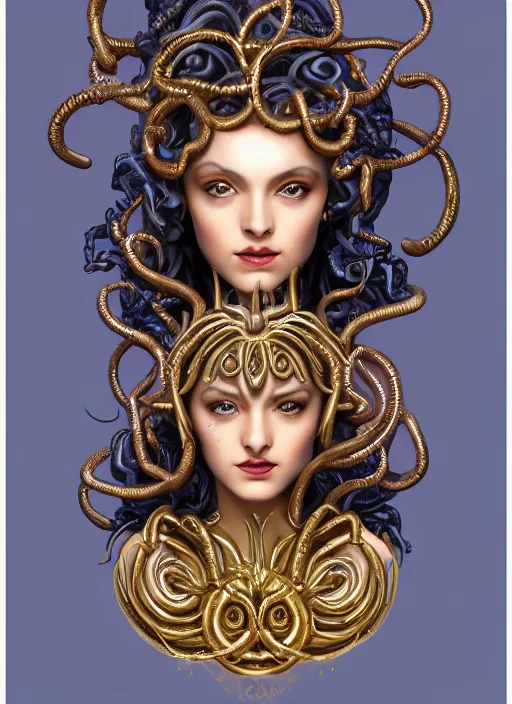 Image similar to professionally-made ultradetailed ornate award winning masterpiece RPG character portrait of beautiful symmetrical art deco Medusa radiating glowing aura, fully clothed with a flowery dress, digital airbrush painting, 3d rim light, hyperrealistic, artstation, cgsociety, kodakchrome, golden ratio, 1985