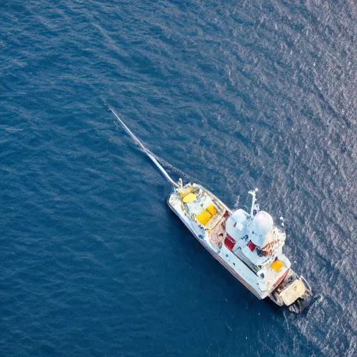 Prompt: fishing vessel, at sea, aerial photo