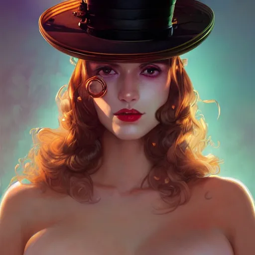 Prompt: close portrait of a sexy steampunk woman with a top hat, vaporwave, highly detailed, digital painting, artstation, concept art, smooth, sharp focus, illustration, art by artgerm and greg rutkowski and alphonse mucha
