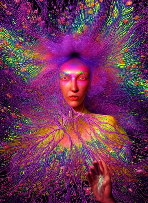 Image similar to hyper detailed 3d render like a Oil painting - Aurora (metallic iridescent rainbow faced goddess) seen Eating of the Strangling network of yellowcake aerochrome and milky Fruit and Her delicate Hands hold of gossamer polyp blossoms bring iridescent fungal flowers whose spores black out the foolish stars by Jacek Yerka, Mariusz Lewandowski, Houdini algorithmic generative render, Abstract brush strokes, Masterpiece, Edward Hopper and James Gilleard, Zdzislaw Beksinski, Mark Ryden, Wolfgang Lettl, hints of Yayoi Kasuma, octane render, 8k