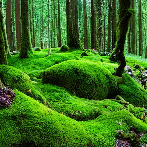 Prompt: A wide shot by a extremely high resolution digital camera of enchanted forest. Genetically modified magic moss, covering the ground, barely seen lake beneath it.