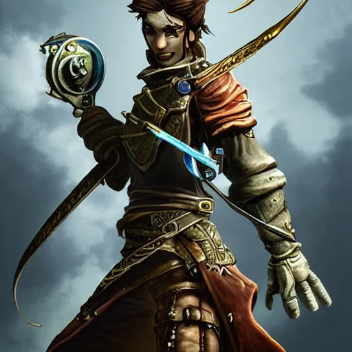 Image similar to hero from fable game series, hyper detailed masterpiece, digital art painting, hyper realism aesthetic