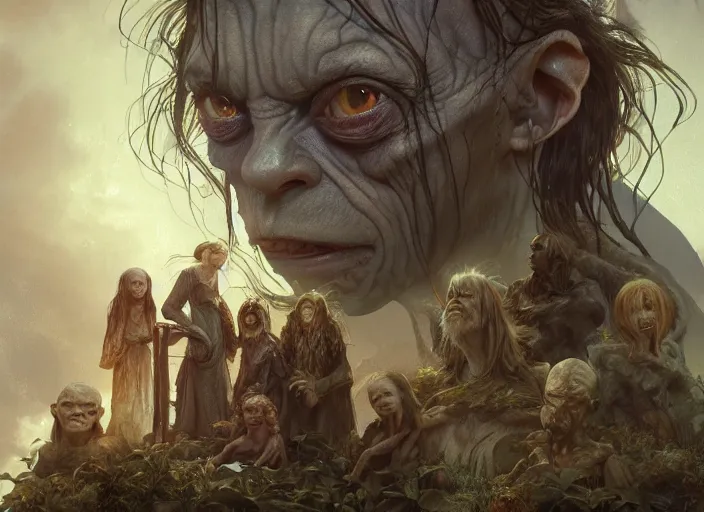 Image similar to a dramatic highly detailed render of Gollum family , Middle-earth , by WLOP and Artgerm and Greg Rutkowski and Alphonse Mucha, Beautiful dynamic dramatic dark moody lighting, shadows, cinematic atmosphere, Artstation, concept design art, Octane render, 8K, masterpiece, sharp focus, hyperrealistic