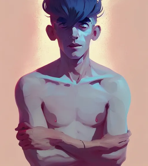 Image similar to portrait of a young man, raised on the island, white hair, face tatooes by atey ghailan, by greg rutkowski, by greg tocchini, by james gilleard, by joe fenton, by kaethe butcher, dynamic lighting, gradient light blue, brown, blonde cream and white color scheme, grunge aesthetic