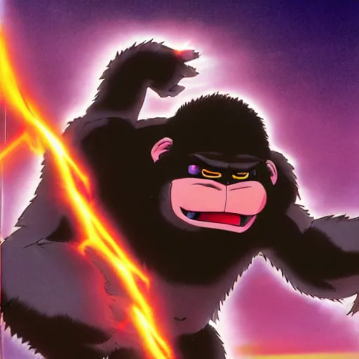 Prompt: an anime scene of an angry gorilla with hands upraised, charging a large purple white ball of energy above his head, by akira toriyama