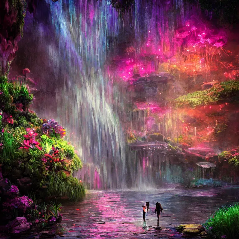 Image similar to oil painting, rich deep colors masterpiece, waterfall, night lights, gray, pink, ultra detailed, beautiful fantasy cave scene, contrast, firefly lights, neon drops, neon stones, redheaded flower girl and dress made of fresh flowers, volumetric light, neon signs, atmospheric lighting, dramatic, cinematic, steampunk, moody, octane render 4 k, 8 k