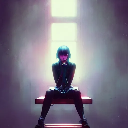 Prompt: broken [ cyborg girl ] by tom bagshaw, sitting on a metal table by ilya kuvshinov, rtx rendering in the style of tv series arcane, netflix, maya, extreme high intricate hyperrealistic details by wlop, digital anime art by ross tran, medium shot, close up shot, composition by sana takeda, dramatic lighting by greg rutkowski