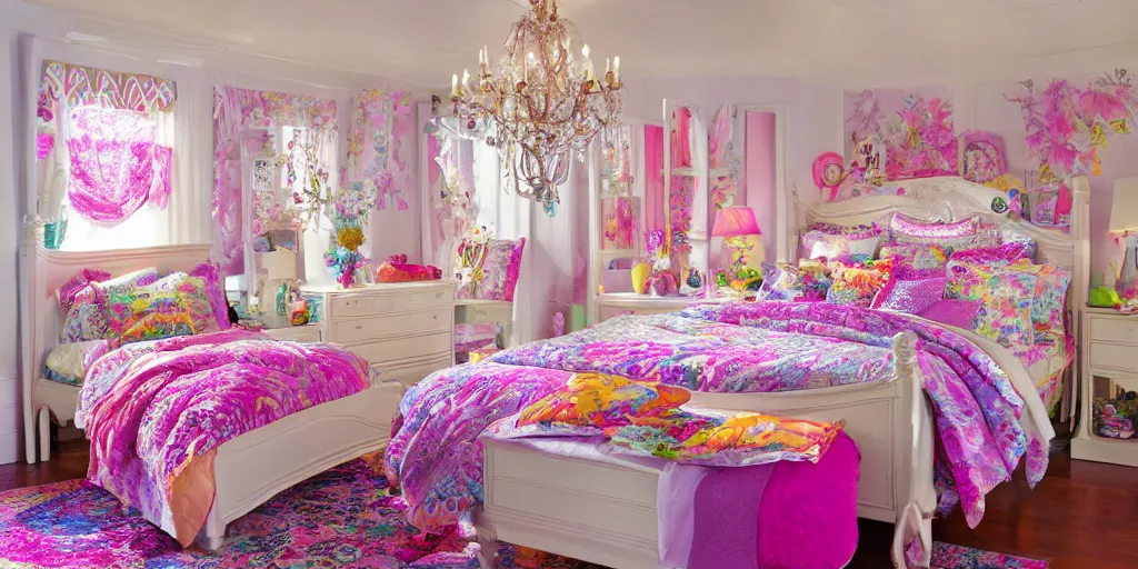 Image similar to a cozy bedroom decorated by Lisa Frank, detailed, high resolution, wow!, intricate