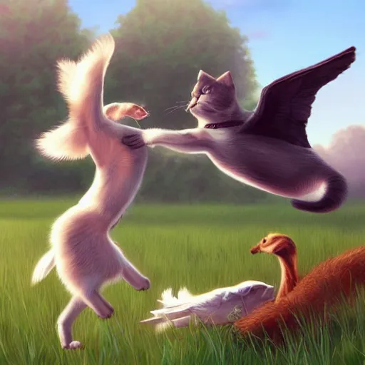 Prompt: cat fighting with goose, field in background, high details, art by artgerm, trending on artstation