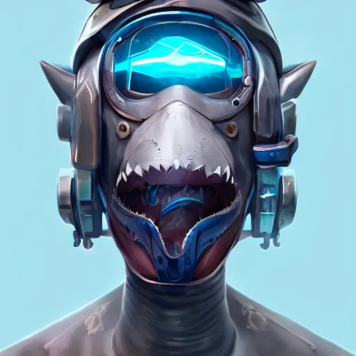 Image similar to Anthropomorphic shark cyberpunk gear shopkeeper, sharp focus, beautiful, concept art, trending on artstation, digital painting, highly detailed