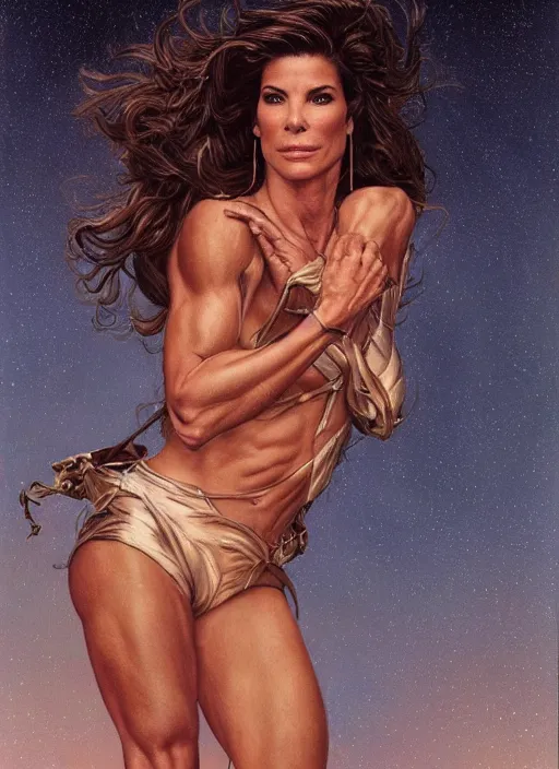 Image similar to Sandra Bullock (1990) as a muscled heroine staring into the camera, torch shadows, foggy night, intricate, elegant, highly detailed, Donato Giancola, Joseph Christian Leyendecker, WLOP, Boris Vallejo, Artgerm