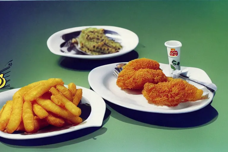 Prompt: mcdonald's fried bees with green spice meal, in 1 9 9 5, y 2 k cybercore, advertisement photo