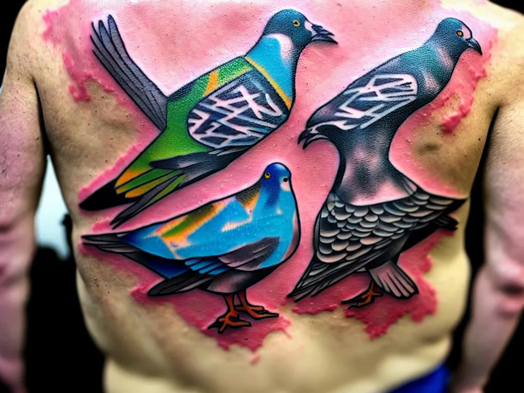 Prompt: a perfect photograph of a graffiti tattoo of a pigeon on a mans back. he is structurally deficient and his bones are bursting through his skin. n.