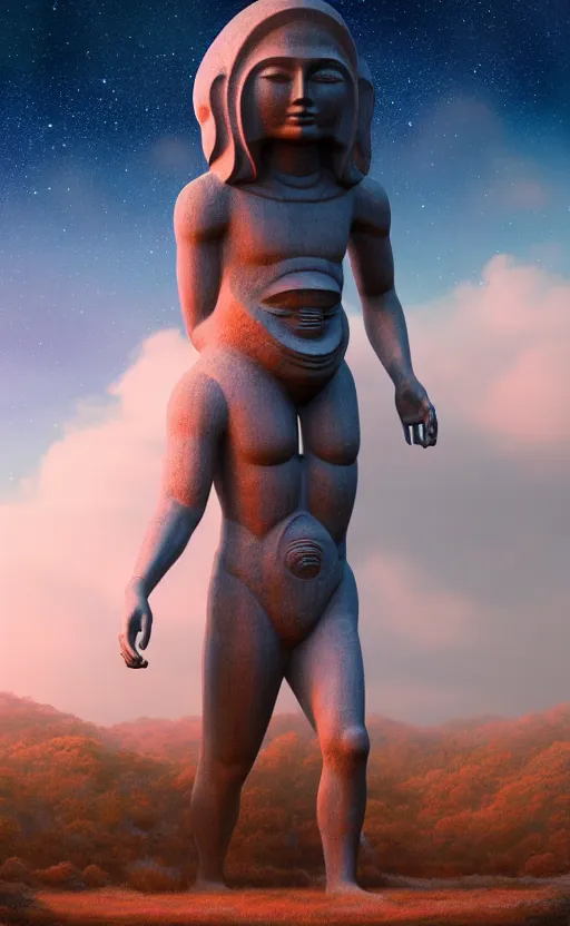 Image similar to giant anunnaki statue, full body, planets, sky, dream, highly detailed, digital painting, refreshing, trending on artstation, octane render, illustration by james jean