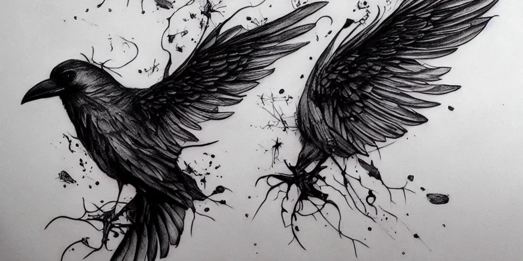 Image similar to realistic tattoo designs drawn on paper, dark crow, cry, scream, golden, goddess, delicate, hyper realism, tim burton, ink, ultra realistic, 8 k