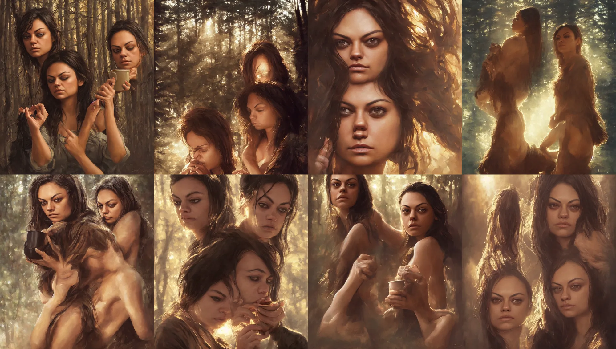 Image similar to close portrait of sleepy mila kunis waking up with coffee, dramatic light, morning golden hour, forest cabin background, 2 0 0 mm focal length, 1 9 7 0 s, painted by stanley lau, painted by greg rutkowski, painted by stanley artgerm, digital art, trending on artstation