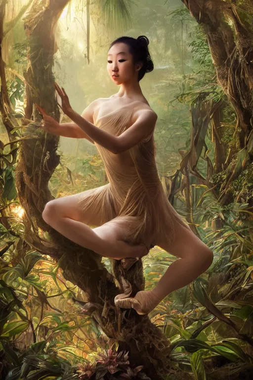 Image similar to stunningly beautiful, asian prima ballerina in jungle, symmetrical face, golden hour, smooth, focus, highly detailed, hyper realistic, dramatic lighting, elegant, intricate, concept art, art by wlop, mars ravelo, greg rutowski