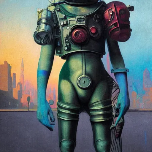 Prompt: vibrant portrait of masked diesel punk wearing space armor on the art deco streets of the big city, 8 k, sci - fi, pastel colors, artstation, award - winning realistic sci - fi concept art by beksinski, picasso masterpiece, complimentary colors, james gilleard, bruegel, greg rutkowski, alphonse mucha, and yoshitaka amano