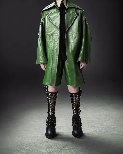 Prompt: a fashion editorial photo of a green extremely baggy cropped short ancient medieval designer menswear leather jacket with an oversized collar and baggy bootcut trousers designed by alexander mcqueen, 4 k, studio lighting, wide angle lens