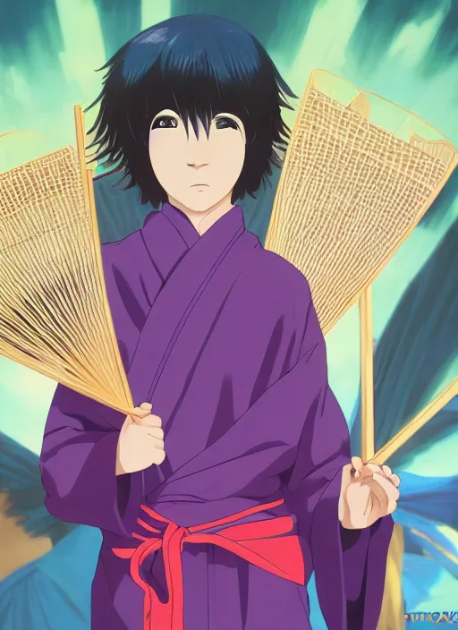 Image similar to young boy with straight indigo hair, purple eyes with red eye markers, slim body, wearing a detailed Japanese kimono with traits of the god Fuujin, holding a pair of fans. rich vivid colors, ambient lighting, dynamic lighting, 4k, official media, anime key visual, makoto shinkai, ilya kuvshinov, lois van baarle, rossdraws, detailed, trending on artstation