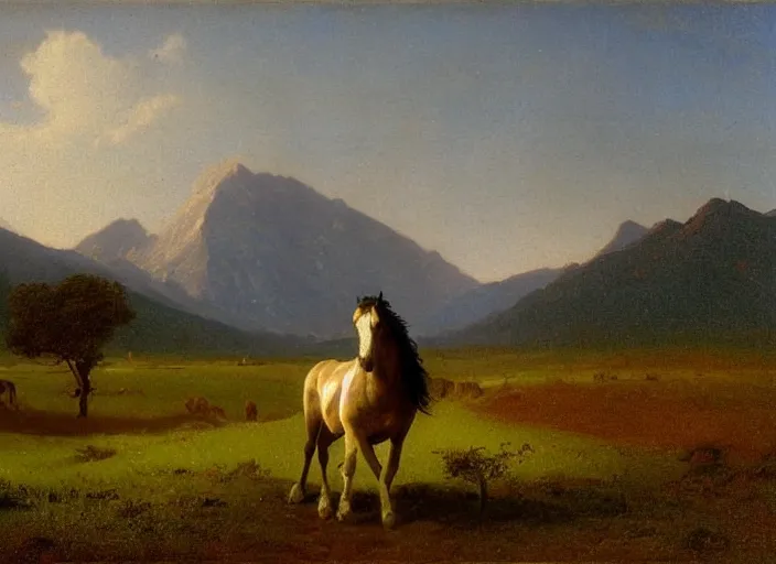 Image similar to painting of a horse on a field in front of beautiful mountains by albert bierstadt