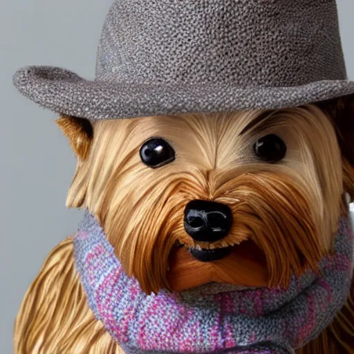 Prompt: a closeup photorealistic smiling knitted plush yorkshire terrier wearing a fedora hat.