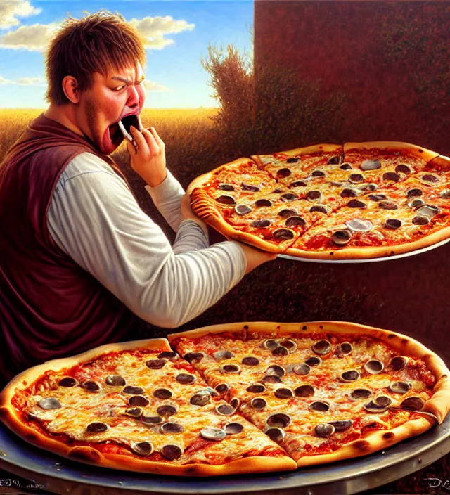 Prompt: hyper realistic derpy looking big chungus eating greasy pizza, pizza is everywhere, weird, strange, bizarre, surreal, epic composition, 2 0 0 mm focal length, painted by donato giancola, insanely quality, highly detailed, masterpiece, artstation, 4 k