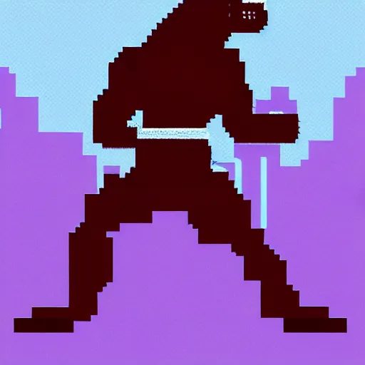 Prompt: full body portrait. 8 bit nes graphics. antropomorphic muscular masculine wolf. kickboxer fighter, in shorts. wolf head. furr on body. at night. postapocalyptic city on background, violet sky