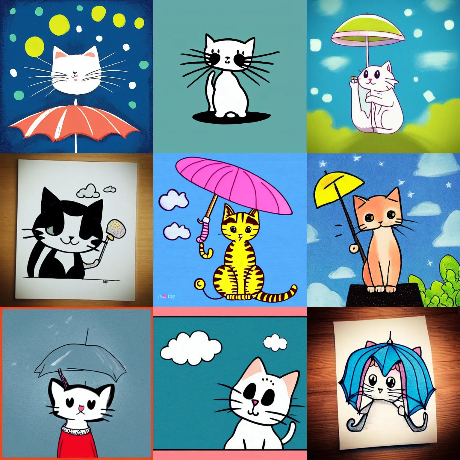 Prompt: “Cute cartoon kitty wearing an umbrella looking up at the sky, cute, looking up, marker”
