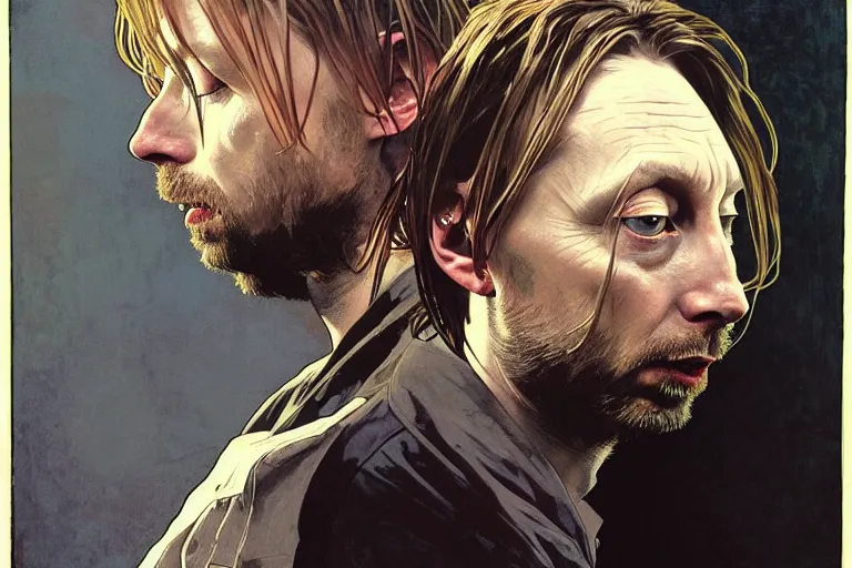 Prompt: hyper realistic portrait of thom yorke singer songwriter, side, liminal space, by lee bermejo, alphonse mucha and greg rutkowski mixed with kurt cobain