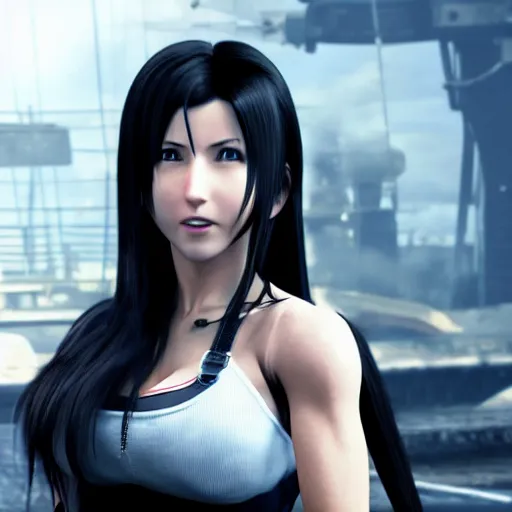 Image similar to Tifa Lockhart from Final Fantasy VII Remake (2020) laughing with the Italian flag in the background