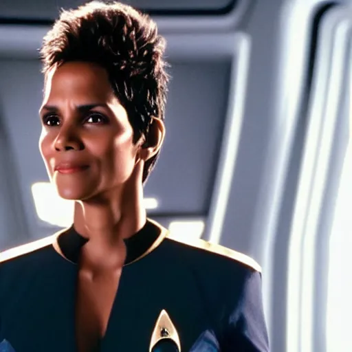 Prompt: a beautiful full body photograph of halle berry as a star fleet officer from star trek next generation, symmetrical face, extreme realism and detail, 8 k, completely framed, direct lighting, 3 5 mm photo, photorealistic, sharp focus